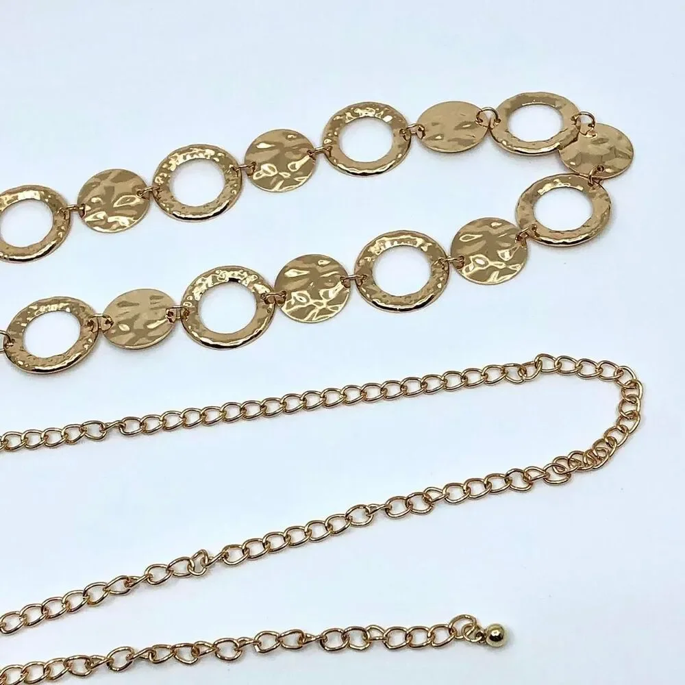 Y2K Boho Gold Hammered Coin Circle Chain Belt, Fits 20-44 Inches, X7GA1152